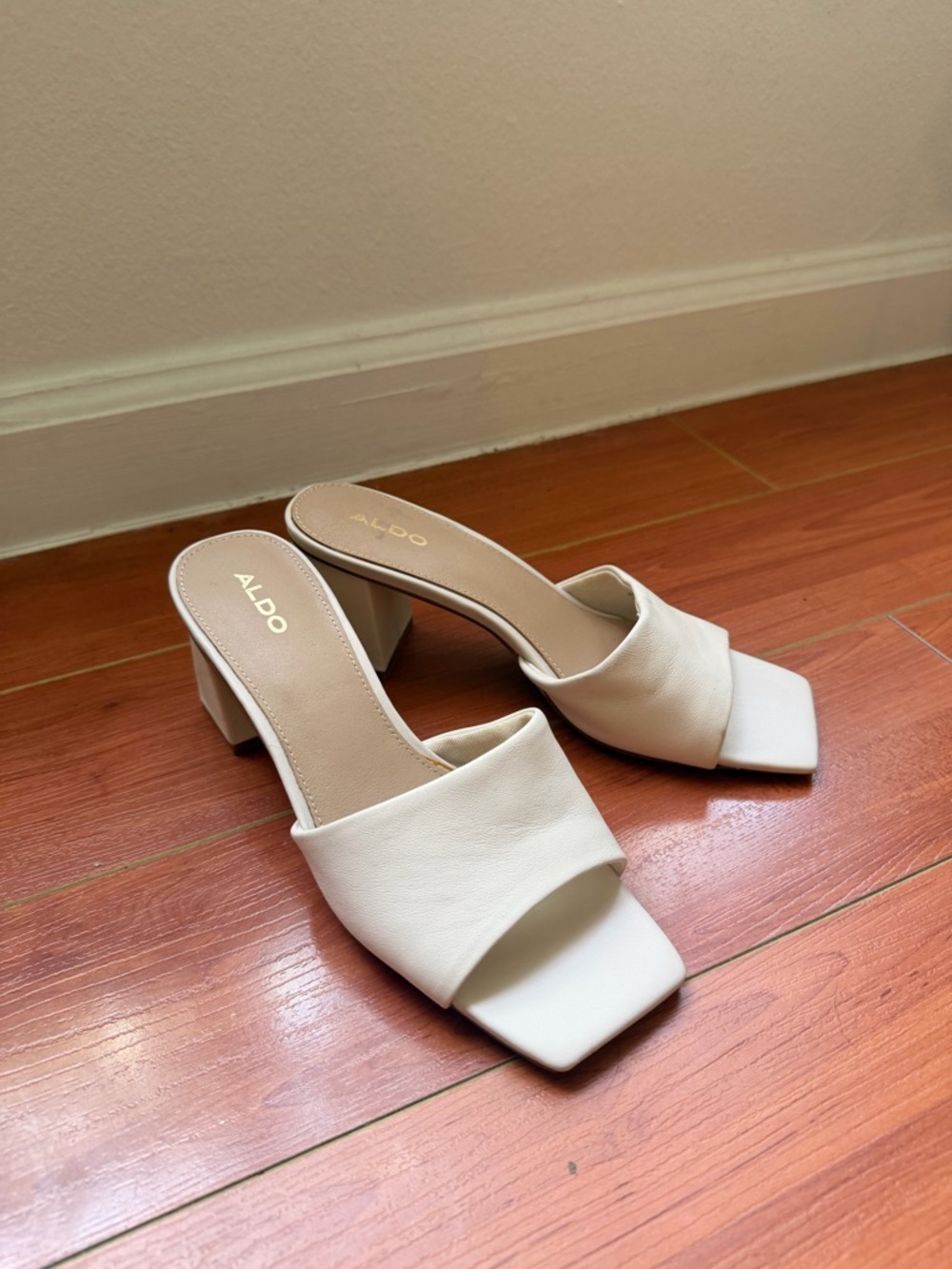 ALDO Cream Square-Toe Block Heel Mules